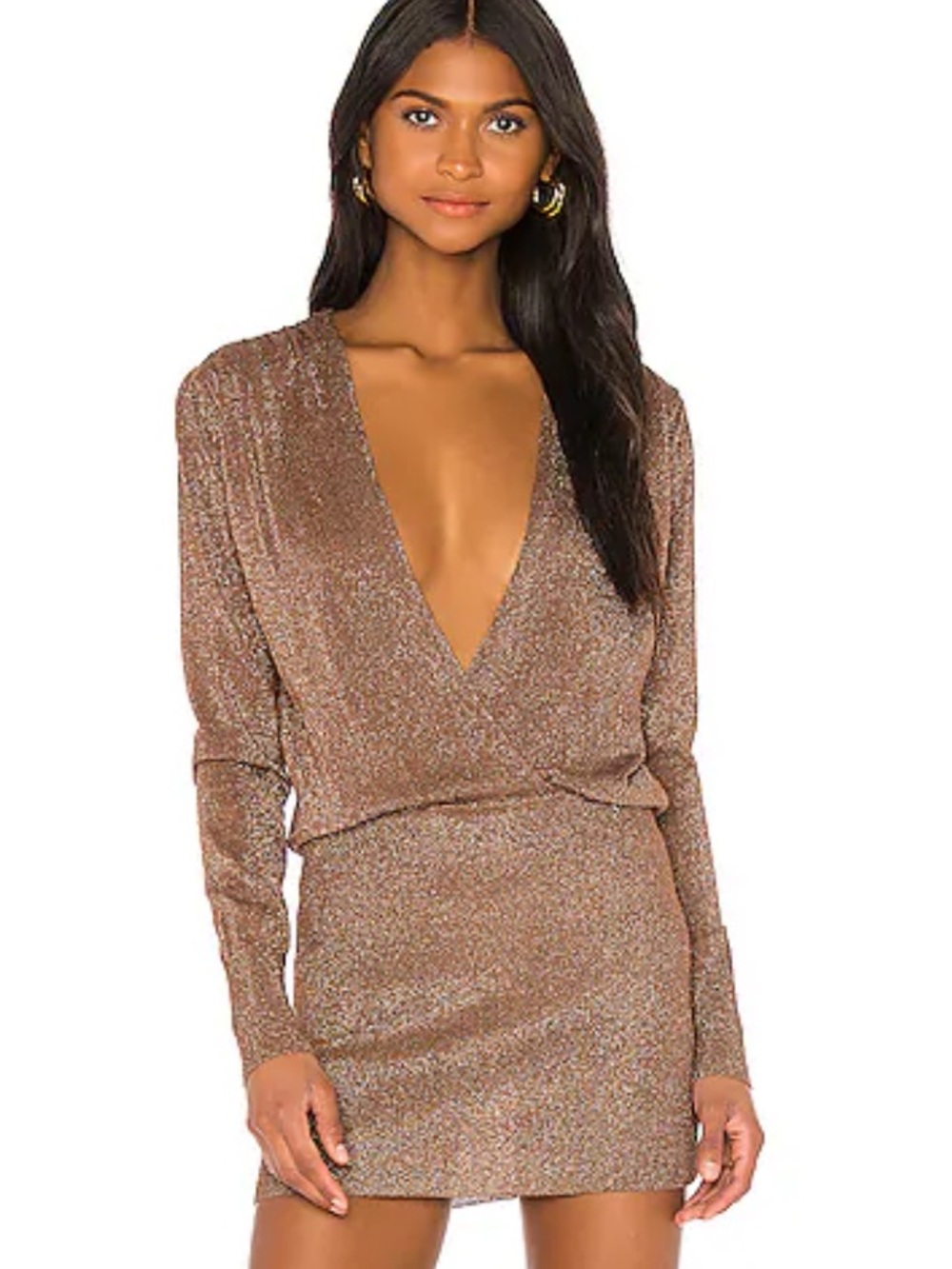 superdown Aura Mini Dress Mocha Metallic Sparkle Knit Deep V Revolve S